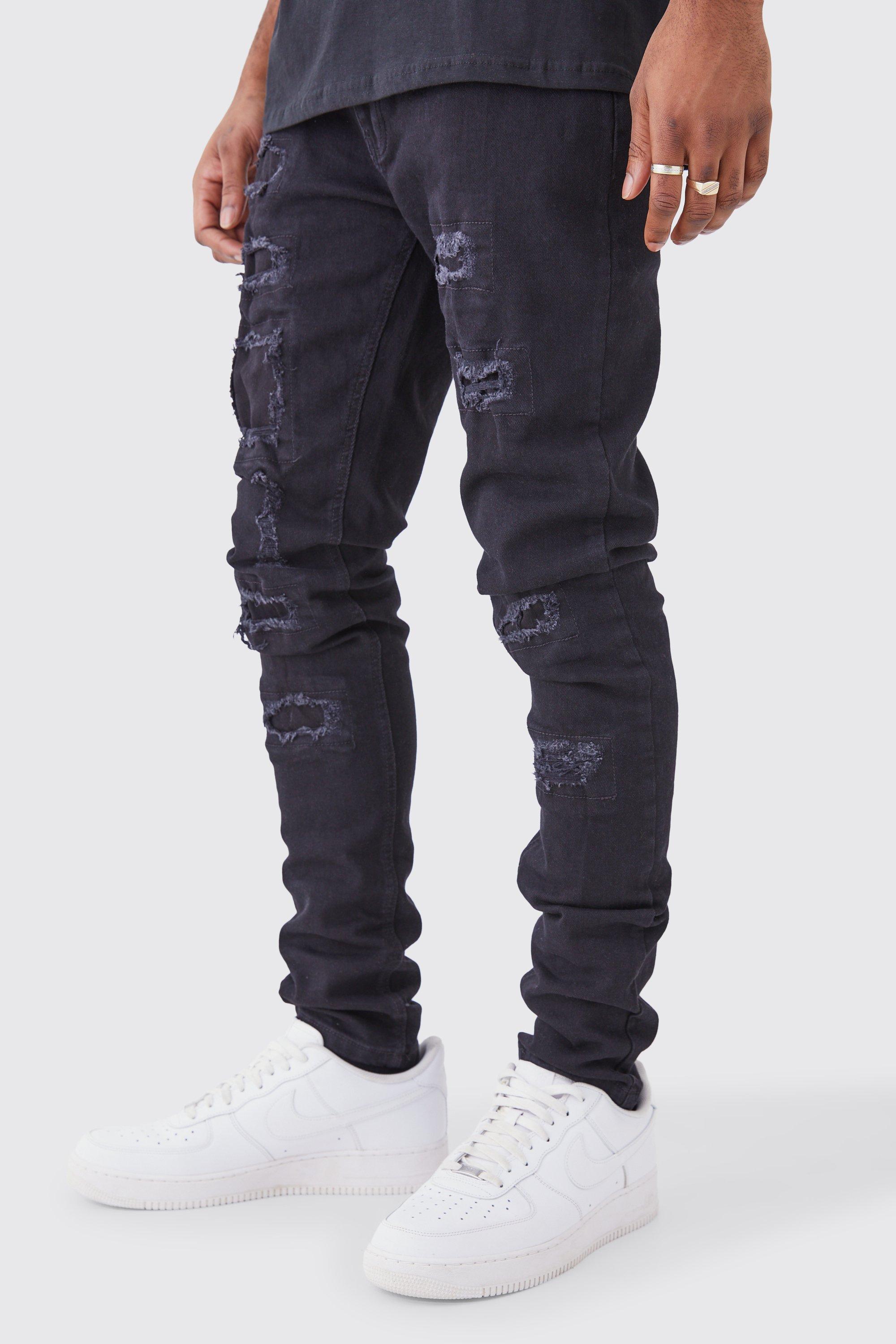 Mens Black Tall Skinny Stacked Distressed Ripped Jeans, Black